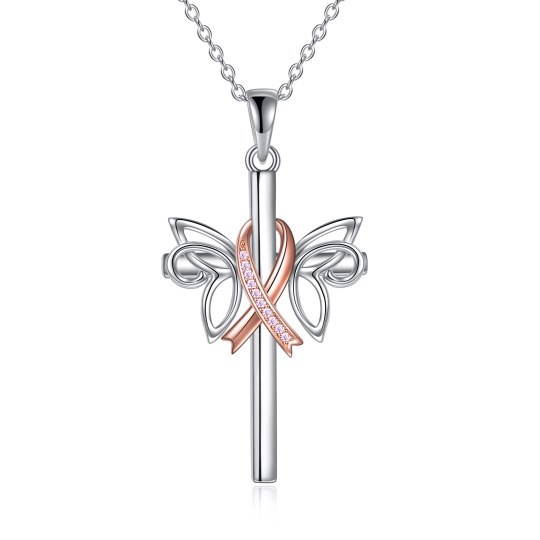 Sterling Silver Two-tone Circular Shaped Cubic Zirconia Butterfly & Cross Pendant Necklace