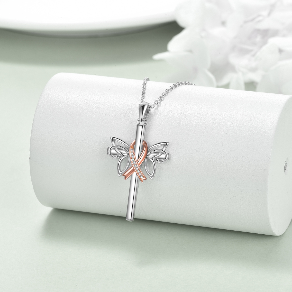 Sterling Silber zweifarbig kreisförmig Cubic Zirkonia Schmetterling & Kreuz-Anhänger Halsk-3