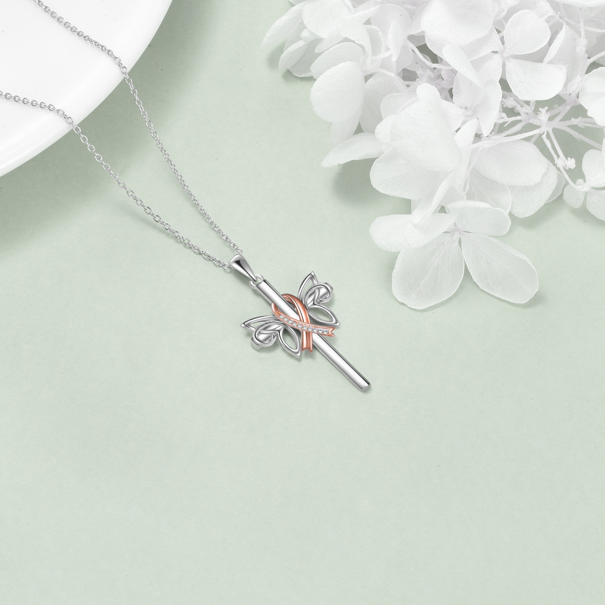 Sterling Silber zweifarbig kreisförmig Cubic Zirkonia Schmetterling & Kreuz-Anhänger Halsk-4