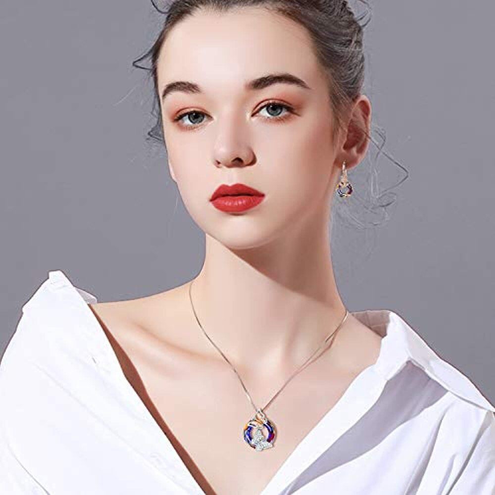 Collar colgante de plata de ley bicolor con forma circular de mariposa de cristal-2
