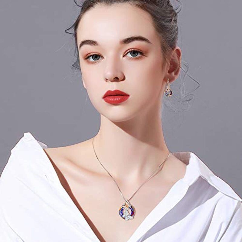 Sterling Silver Two-tone Circular Shaped Butterfly Crystal Pendant Necklace-2