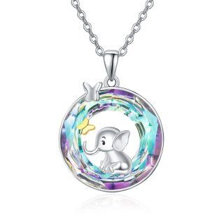 Sterling Silver Two-tone Circular Shaped Butterfly & Elephant Crystal Pendant Necklace-23