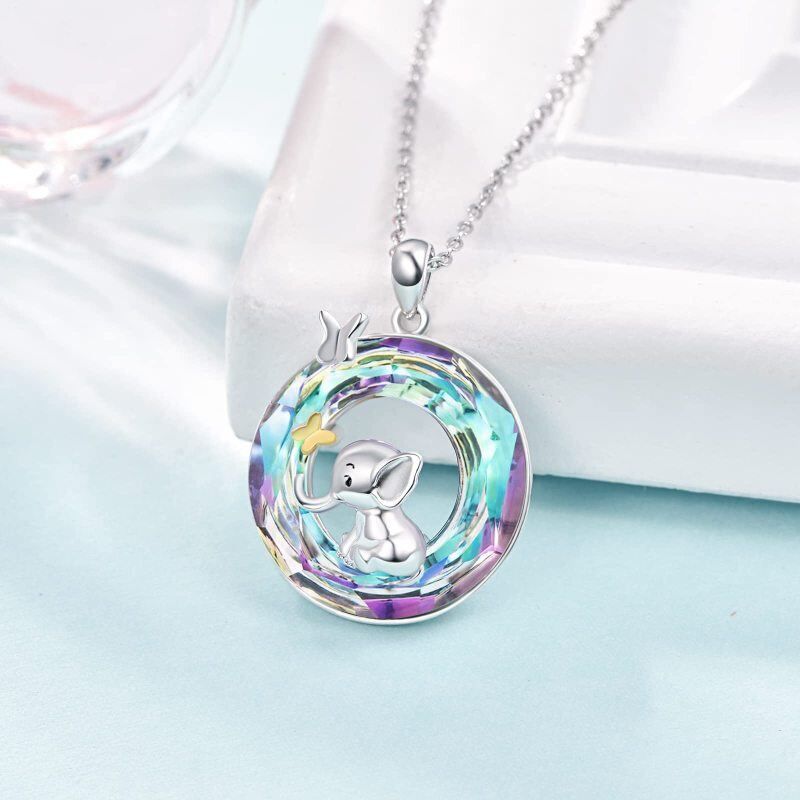 Colar com pingente de cristal de borboleta e elefante em prata esterlina de dois tons em f-4