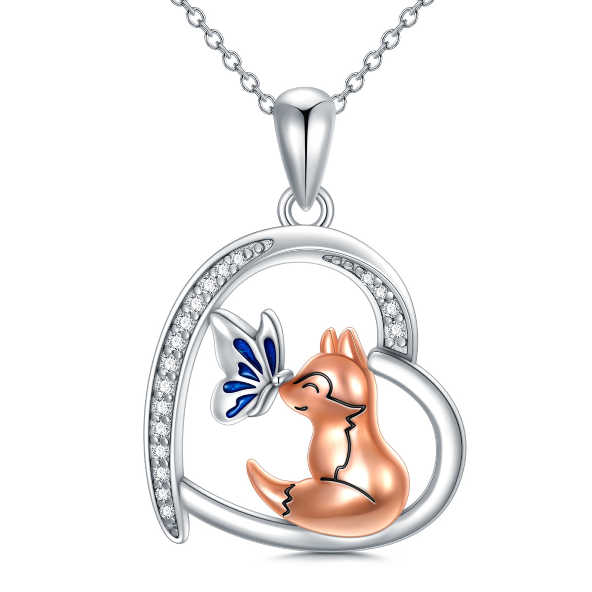 Sterling Silver Two-Tone Cubic Zirconia Butterfly Fox And Heart Pendant Necklace For Women-1