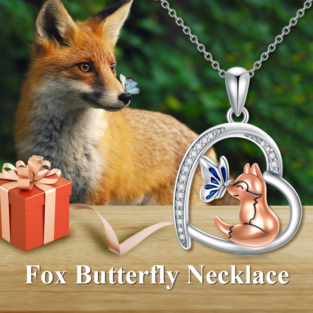 Sterling Silver Two-Tone Cubic Zirconia Butterfly Fox And Heart Pendant Necklace For Women-3