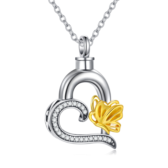 Sterling Silver Two-tone Circular Shaped Cubic Zirconia Butterfly & Heart Urn Necklace for Ashes