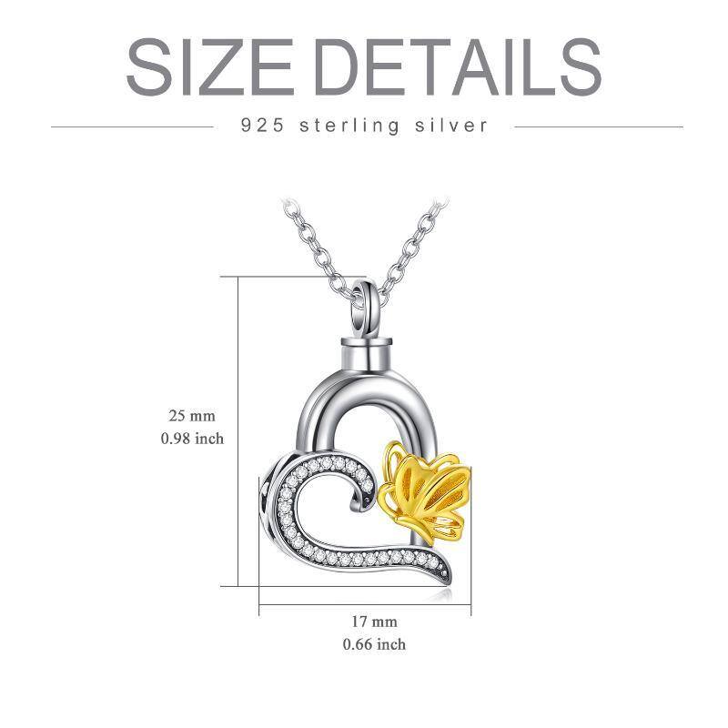 Sterling Silver Two-tone Circular Shaped Cubic Zirconia Butterfly & Heart Urn Necklace for Ashes-6