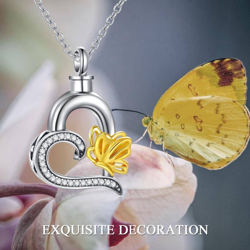 Colar de urna de coração de borboleta de zircônia cúbica em formato circular de prata esterlina para cinzas-7