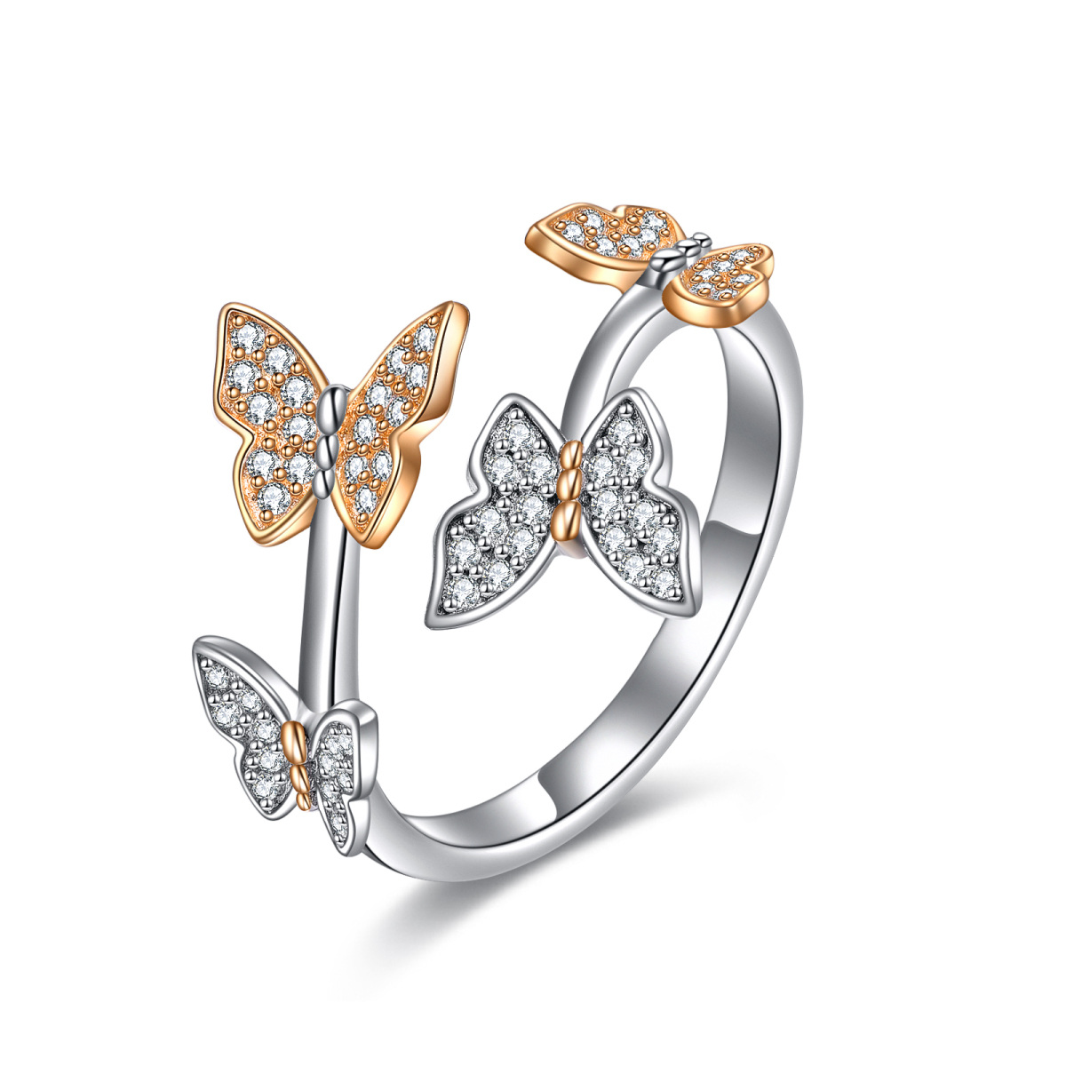 Anillo abierto de mariposa con circonita cúbica en forma circular de dos tonos en plata de ley-1