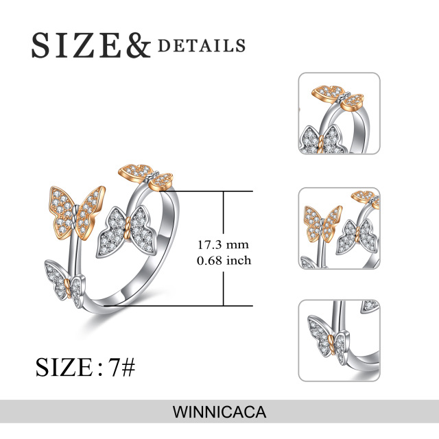 Anel aberto de borboleta de zircônia cúbica em formato circular de prata esterlina de dois tons-5