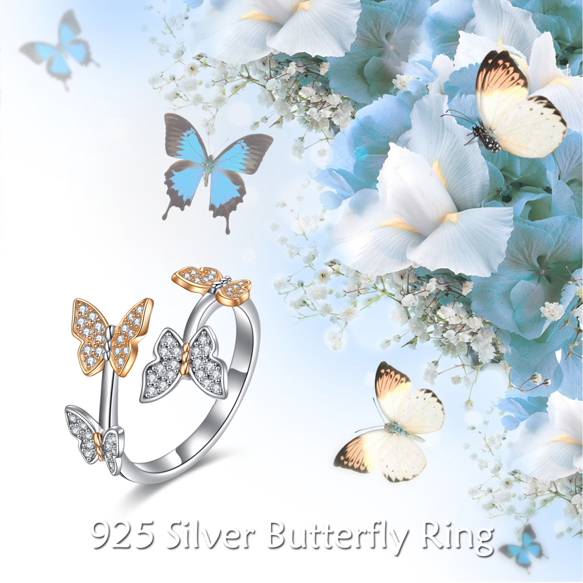 Sterling Silver Two-tone Circular Shaped Cubic Zirconia Butterfly Open Ring-6