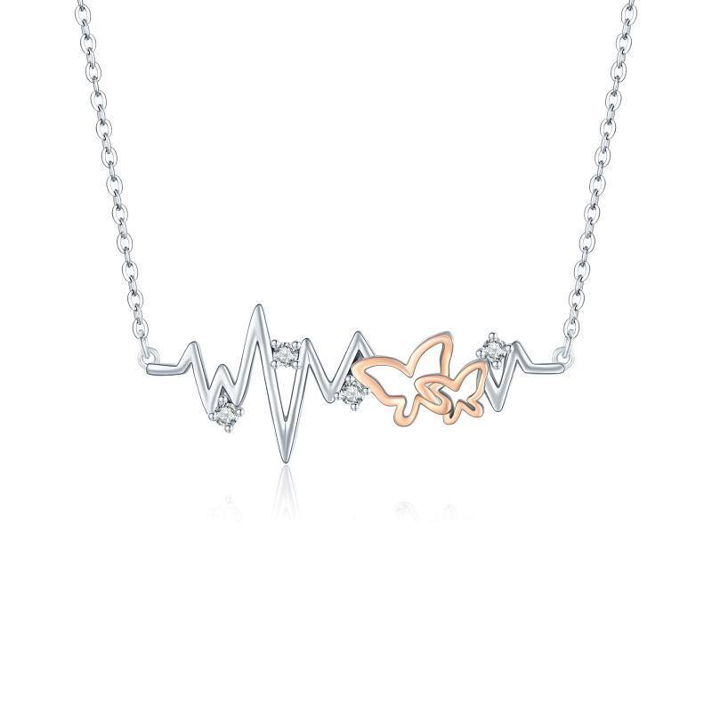 Sterling Silver Two-tone Circular Shaped Cubic Zirconia Butterfly Pendant Necklace-15