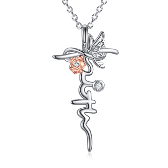 Farfalla circolare bicolore in argento sterling con zirconi cubici con rosa con collana con pendente a croce con parola incisa per donna