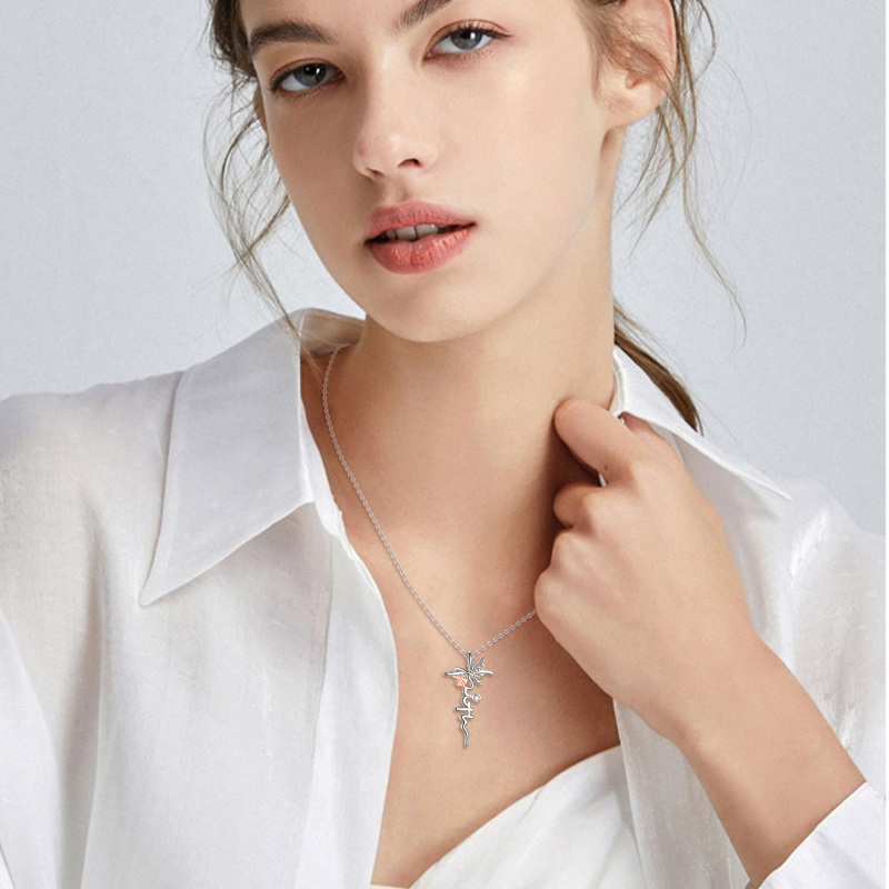 Sterling Silver Two-Tone Circular Cubic Zirconia Butterfly With Rose With Cross Pendant Necklace With Engraved Word For Women-2