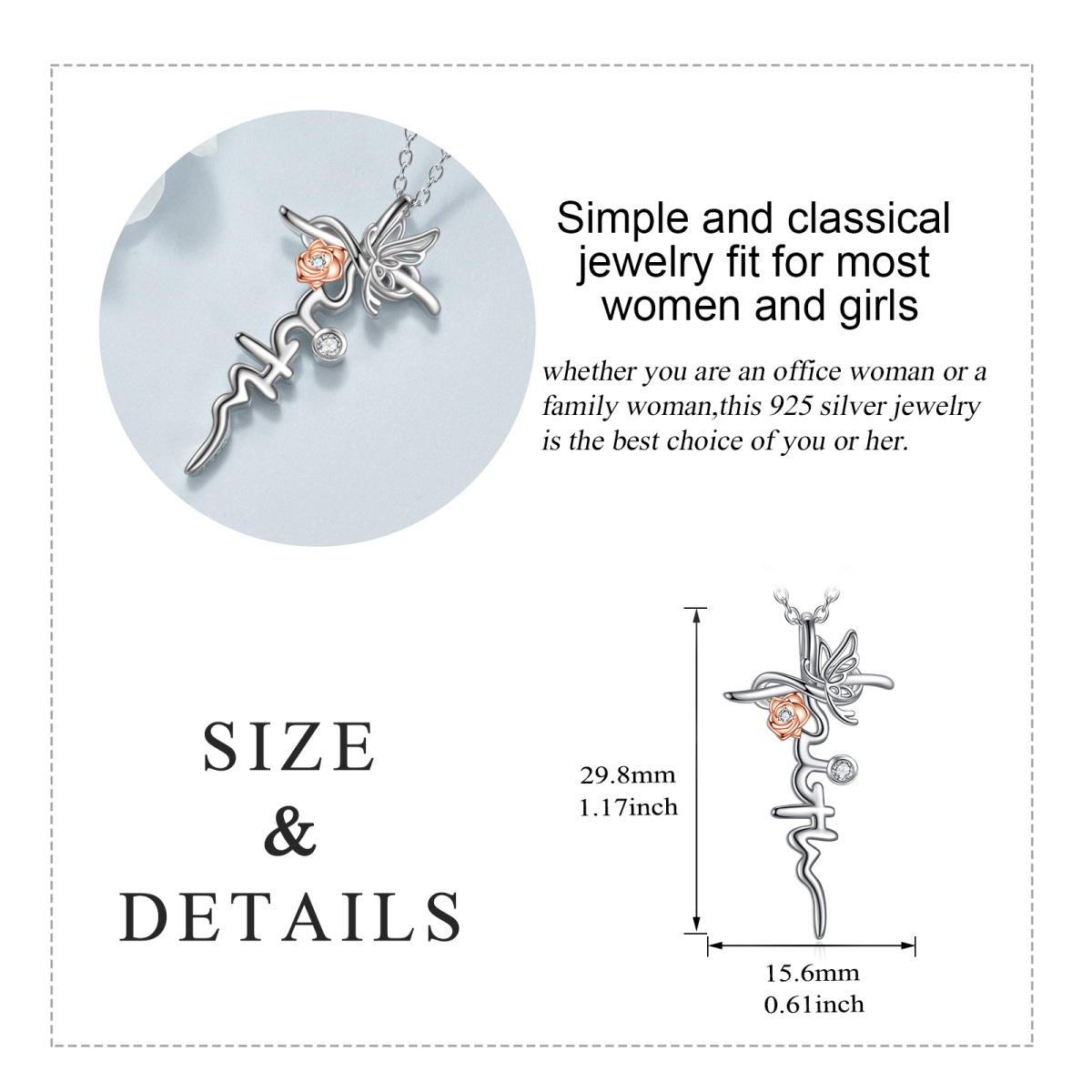 Zweifarbige, kreisförmige, kubische Zirkonia-Schmetterlings-, Rose- und Kreuz-Anhänger-Halskette aus Sterlingsilber mit eingraviertem Wort für Frauen-5