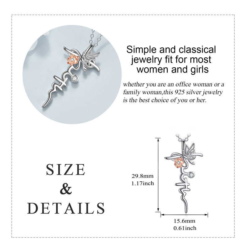 Sterling Silver Two-Tone Circular Cubic Zirconia Butterfly With Rose With Cross Pendant Necklace With Engraved Word For Women-5