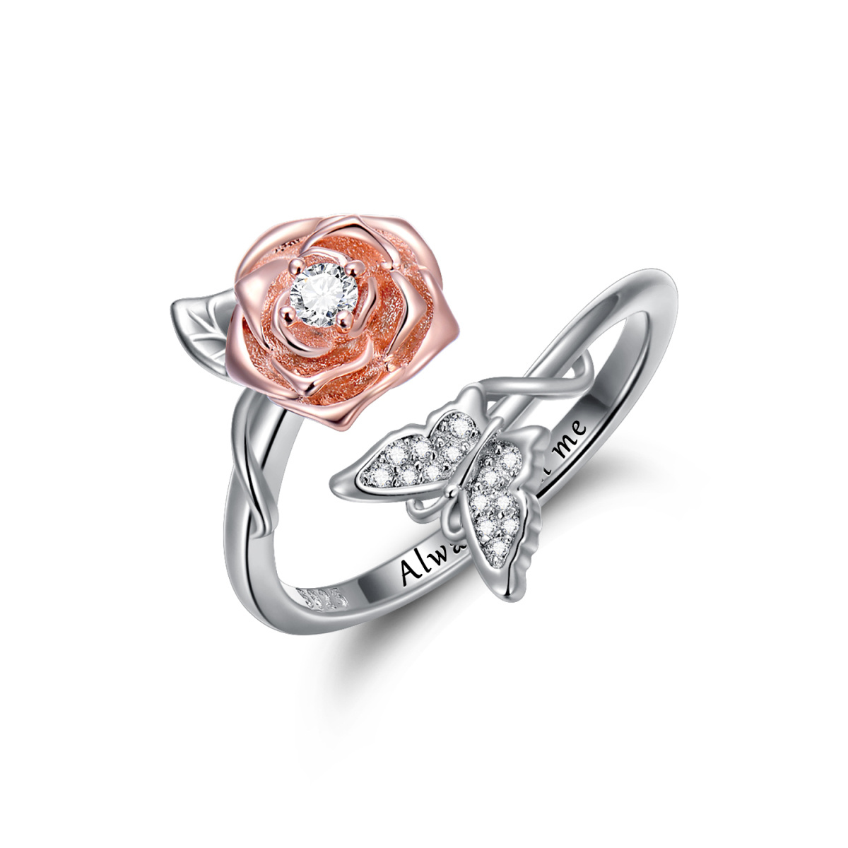 Sterling Silver Two-tone Circular Shaped Cubic Zirconia Butterfly & Rose Open Ring with Engraved Word-1