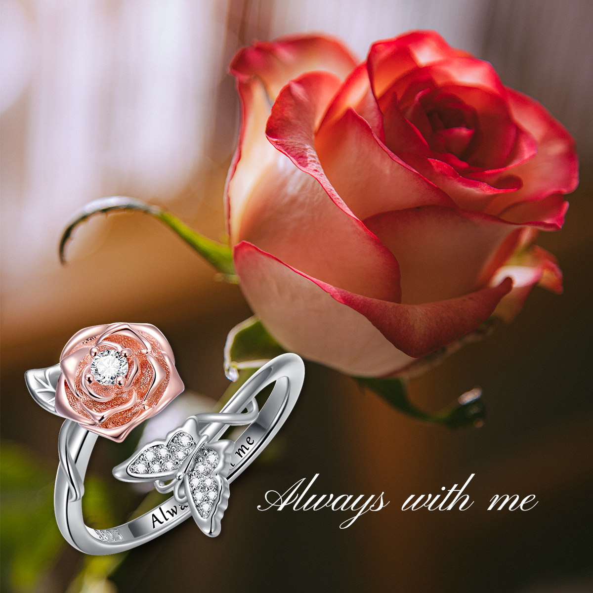 Bague ouverte en argent sterling bicolore en forme de cercle avec papillon et rose en zirc-3