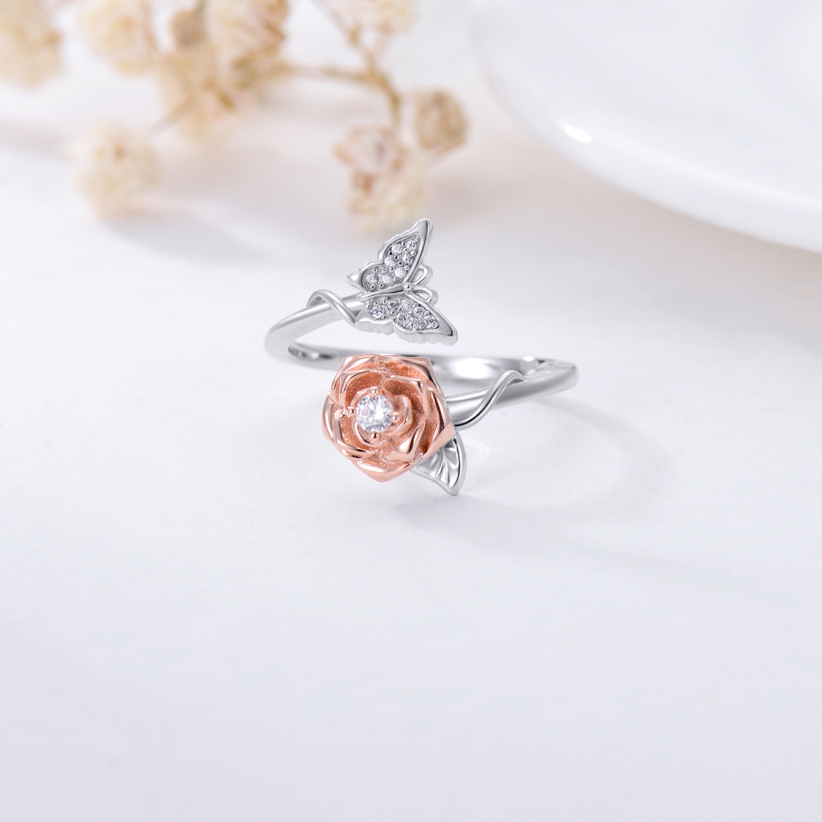 Bague ouverte en argent sterling bicolore en forme de cercle avec papillon et rose en zirc-4