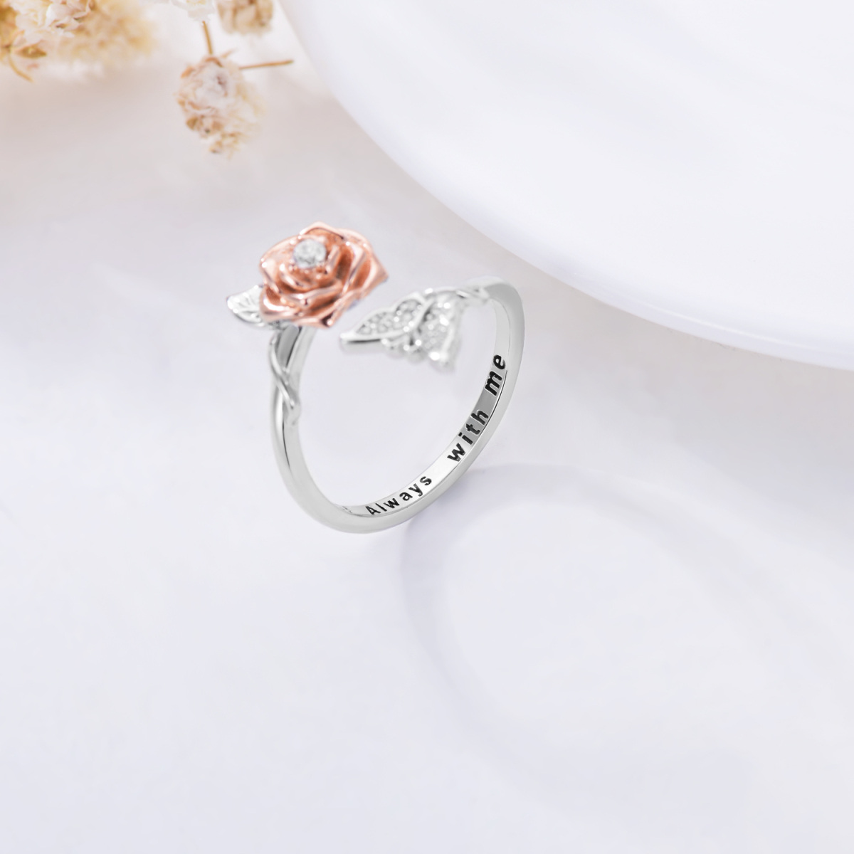 Sterling Silver Two-tone Circular Shaped Cubic Zirconia Butterfly & Rose Open Ring with Engraved Word-5