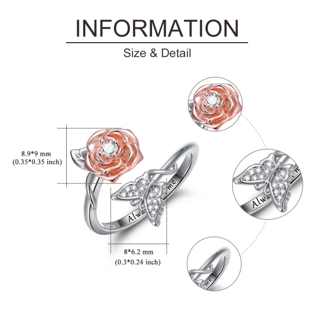 Sterling Silber zweifarbig kreisförmig Cubic Zirkonia Schmetterling & Rose offener Ring mi-6