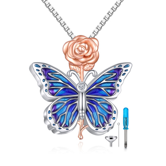 Sterling Silver Two-tone Circular Shaped Cubic Zirconia Butterfly & Rose Urn Necklace for Ashes