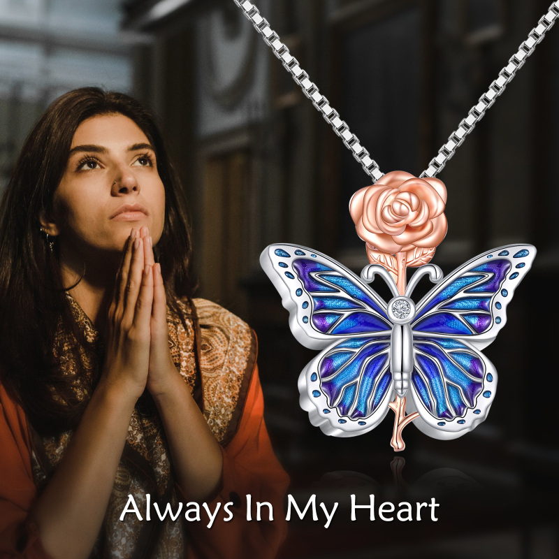 Sterling Silver Two-tone Circular Shaped Cubic Zirconia Butterfly & Rose Urn Necklace for Ashes-6