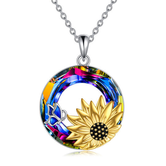 Sterling Silver Two-tone Circular Shaped Butterfly & Sunflower Crystal Pendant Necklace