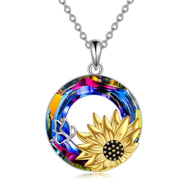 Sterling Silver Two-tone Circular Shaped Butterfly & Sunflower Crystal Pendant Necklace-1