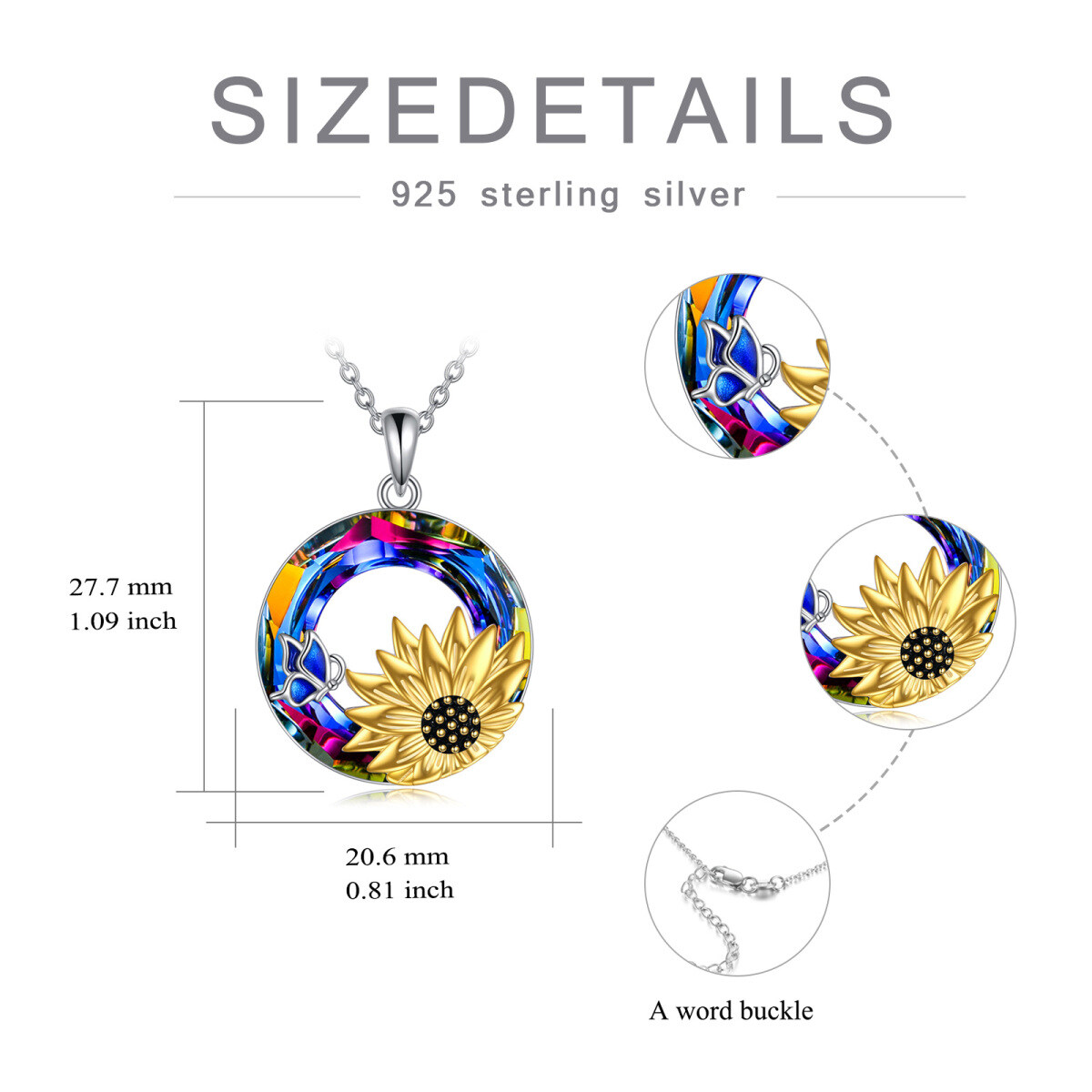 Sterling Silber zweifarbig kreisförmig Schmetterling & Sonnenblume Kristall Anhänger Halsk-5