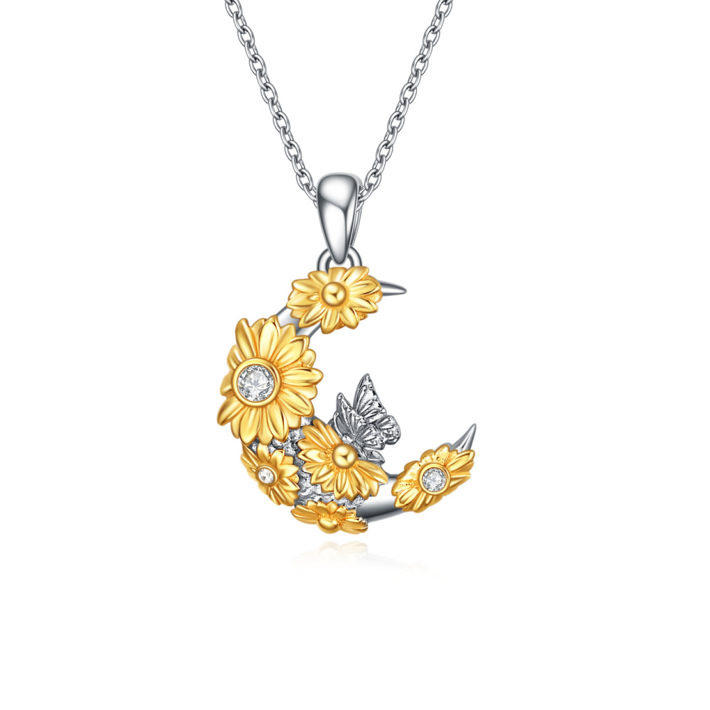 Sterling Silver Two-Tone Circular Cubic Zirconia Butterfly & Sunflower Moon Pendant Necklace For Women Best Friends-1