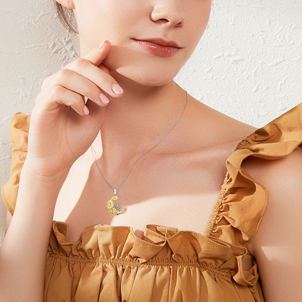 Sterling Silver Two-Tone Circular Cubic Zirconia Butterfly & Sunflower Moon Pendant Necklace For Women Best Friends-2