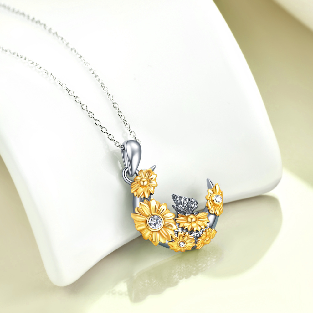 Sterling Silver Two-Tone Circular Cubic Zirconia Butterfly & Sunflower Moon Pendant Necklace For Women Best Friends-3