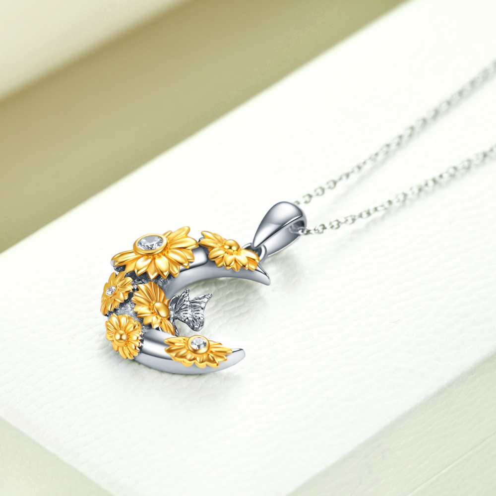 Sterling Silver Two-Tone Circular Cubic Zirconia Butterfly & Sunflower Moon Pendant Necklace For Women Best Friends-4