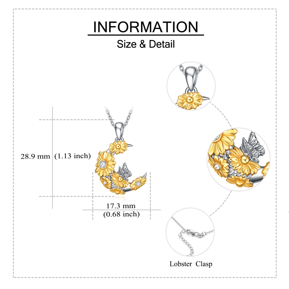 Sterling Silver Two-Tone Circular Cubic Zirconia Butterfly & Sunflower Moon Pendant Necklace For Women Best Friends-5