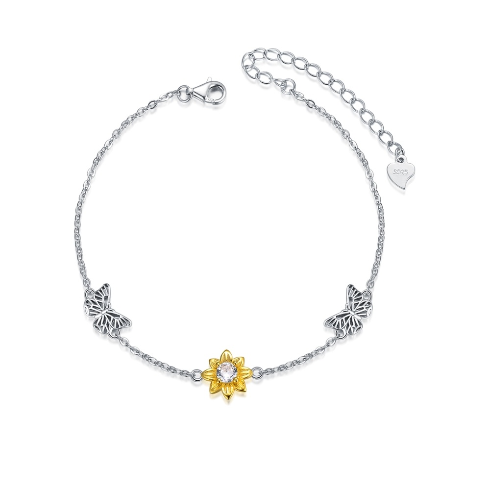 Sterling Silver Two-tone Circular Shaped Cubic Zirconia Butterfly & Sunflower Charm Bracelet-1