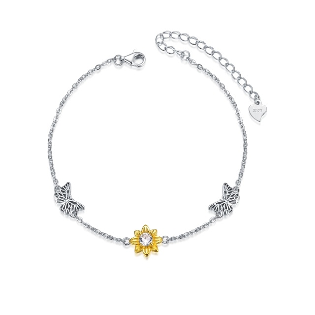 Sterling Silver Two-tone Circular Shaped Cubic Zirconia Butterfly & Sunflower Pendant Bracelet