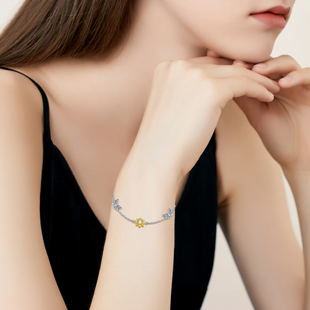 Sterling Silver Two-tone Circular Shaped Cubic Zirconia Butterfly & Sunflower Charm Bracelet-2