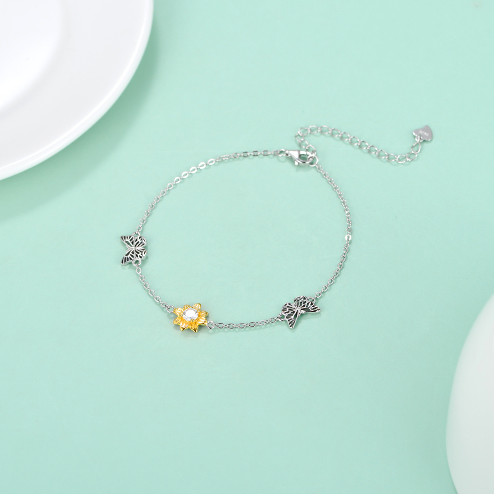 Sterling Silver Two-tone Circular Shaped Cubic Zirconia Butterfly & Sunflower Charm Bracelet-3