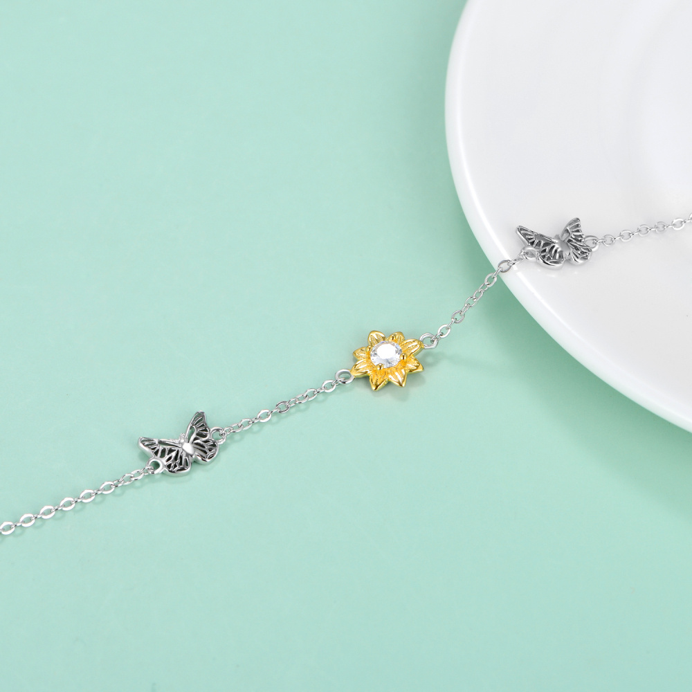 Sterling Silver Two-tone Circular Shaped Cubic Zirconia Butterfly & Sunflower Charm Bracelet-4