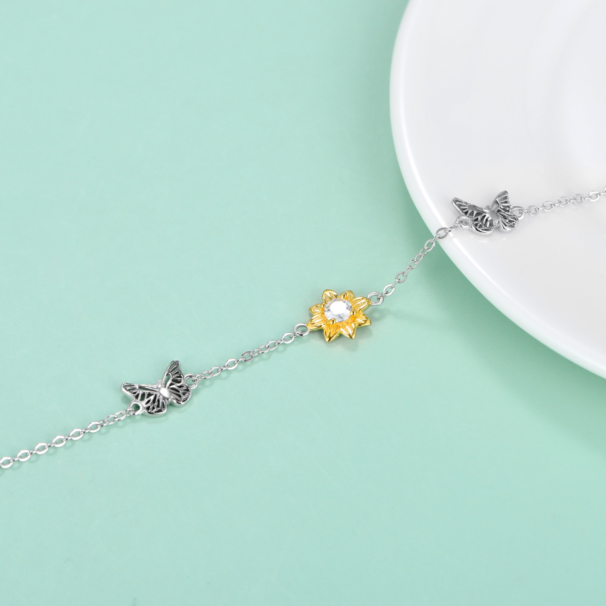 Sterling Silver Two-tone Circular Shaped Cubic Zirconia Butterfly & Sunflower Pendant Bracelet-4