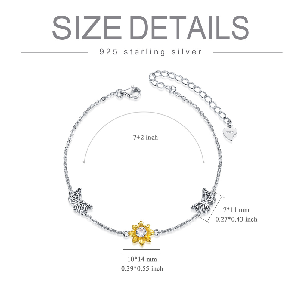 Sterling Silver Two-tone Circular Shaped Cubic Zirconia Butterfly & Sunflower Charm Bracelet-5