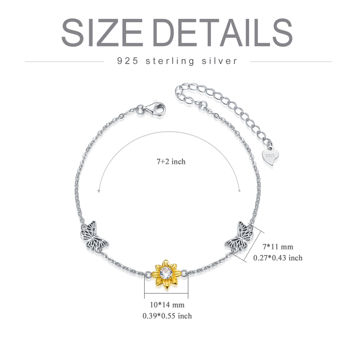 Sterling Silver Two-tone Circular Shaped Cubic Zirconia Butterfly & Sunflower Pendant Bracelet-5