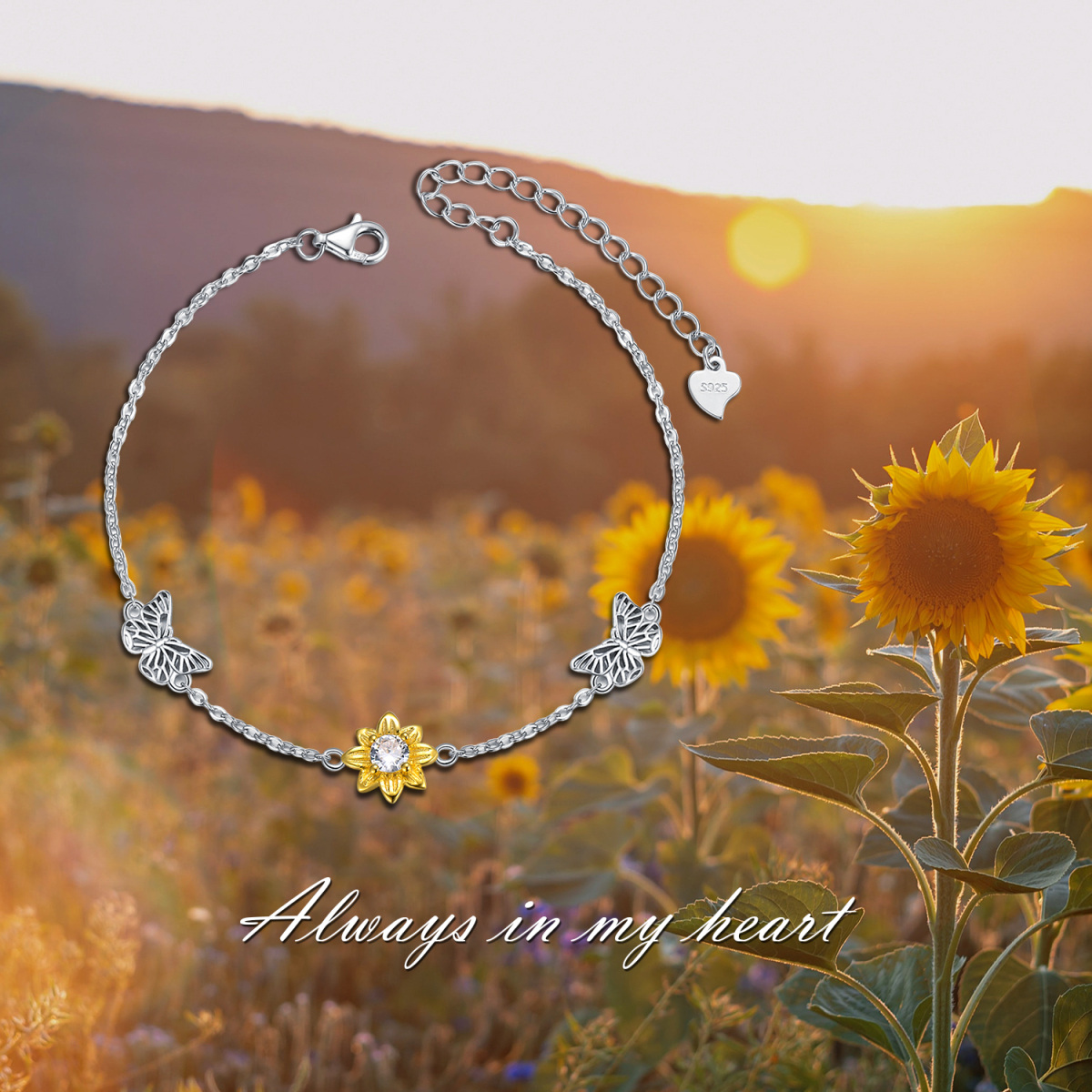 Pulsera de plata de ley con forma circular de circonita y colgante de mariposa y girasol-6