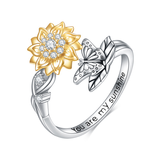 Sterling zilveren tweekleurige cirkelvormige cubic zirconia vlinder en zonnebloem spinner ring met gegraveerd woord