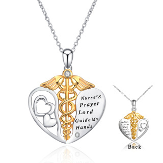 Sterling Silver Two-tone Circular Shaped Cubic Zirconia Caduceus & Heart Pendant Necklace with Engraved Word-3