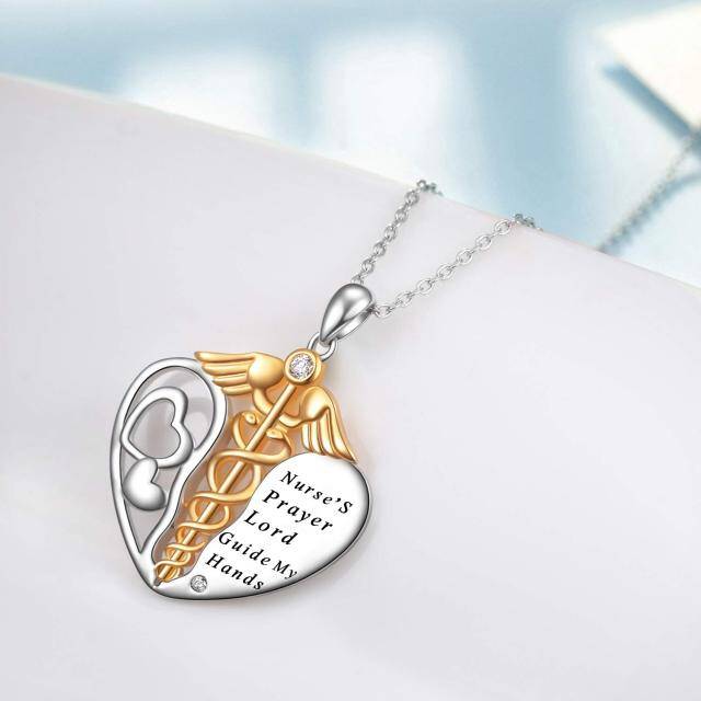 Sterling Silver Two-tone Circular Shaped Cubic Zirconia Caduceus & Heart Pendant Necklace with Engraved Word-3