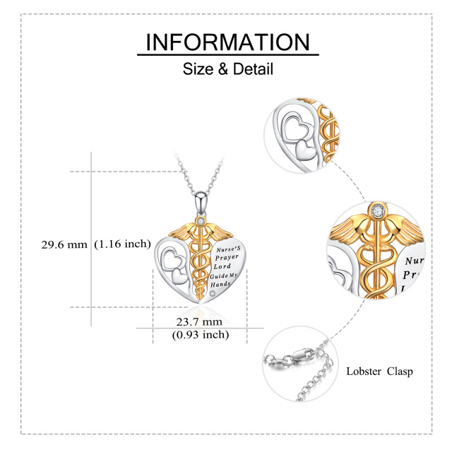 Sterling Silver Two-tone Circular Shaped Cubic Zirconia Caduceus & Heart Pendant Necklace with Engraved Word-4