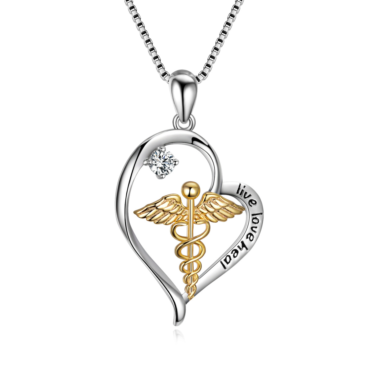 Sterling zilveren tweekleurige cirkelvormige cubic zirconia Caduceus & hart hanger ketting met gegraveerd woord-1