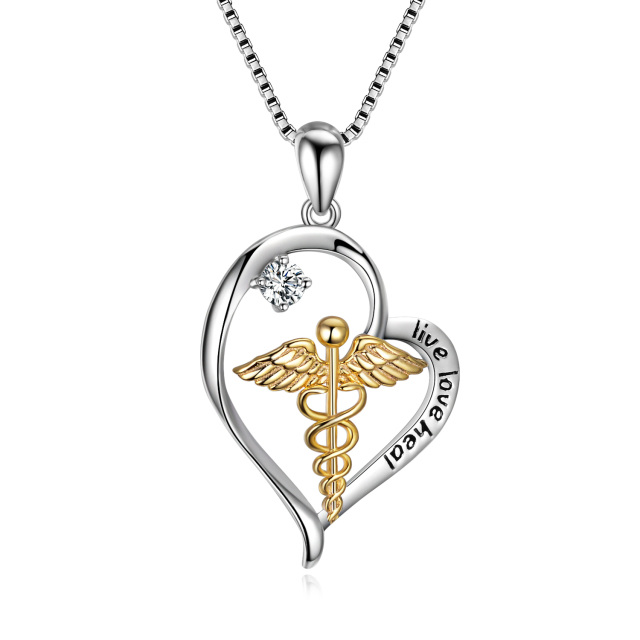 Sterling Silver Two-tone Circular Shaped Cubic Zirconia Caduceus & Heart Pendant Necklace with Engraved Word-4